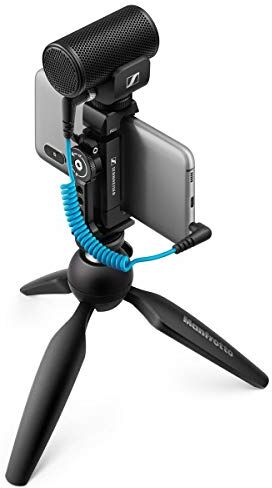 Sennheiser MKE 200 + kit mobile, microfono direzionale da montare sulla videocamera con morsetto per smartphone e mini treppiede Manfrotto PIXI,