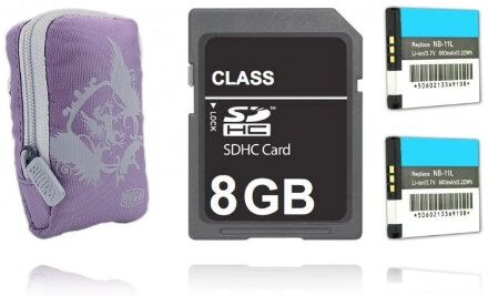 Bilora Style I Digital Custodia per fotocamera viola + 2 X dinotech batteria, compatibile con Canon NB-11L + 8 GB SDHC SD