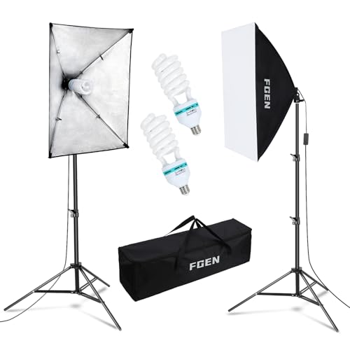 FGen Softbox Photo Studio Set, 2 x 50 x 70 cm Lighting for Photo Studio with E27 Socket 135 W 5500 K Photo Lamp and 2 M Adjustable Light Stands for Studio Portraits, Product Photography,Nylon
