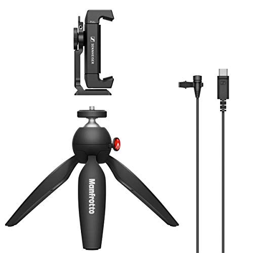 Sennheiser XS Lav USB-C, kit mobile di microfono lavalier omnidirezionale a clip con morsetto per smartphone e mini treppiede Manfrotto PIXI,