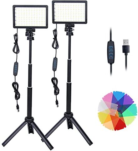 AiknowFoto 2-Pack LED Luce Video, Luce LED Fotografia USB Dimmerabile 10000K con Treppiede Regolabile, 9 Filtri colorati, per Riprese da Tavolo Angolo Basso, Luce Streaming, Registrazione Video, YouTube, TikTok