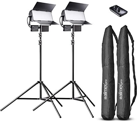 walimex pro LED Sirius 160 Daylight panello LED Set da 2 treppiedi + telecomando 2x 65W Daylight panello led fotografico,2x 65 Watt 6000 Lumen, 5600K, dimmerabile, per foto + video