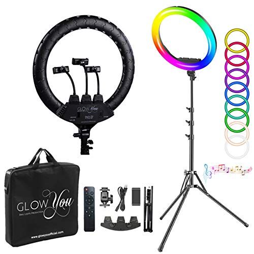 GlowYou Pro 18 '' RGB Anello Luce 46 cm Treppiede 200cm. 3 Supporti Telefono Telecomando Controllo vocale Illuminazione a Colori 350 LED 55W 3200-5600K per TikTok, Instagram, ecc…