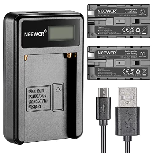 Neewer Caricabatteria Micro USB + 2 Batterie di Ricambio 2600mAh NP-F550/570/530 per Sony HandyCams,  Nanguang CN-160,CN-216,CN-126 LED Luce, Polaroid On-Camera Video Luce