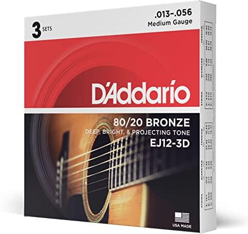 D'Addario Corde Chitarra Acustica   Corde per Chitarra Acustica   Corde Acustica   EJ12-3D - Corde in bronzo 80/12 per chitarra acustica, scalatura media, 13-56 Rockem Music, 3 mute