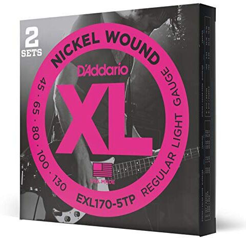 D'Addario Corde Basso Elettrico XL  5 Corde Lunga Scala, Luce, 45-130 2-Pacchetto