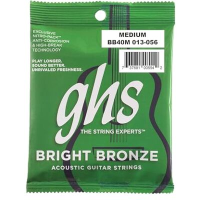 GHS Strings "BRIGHT BRONZE BB40M ACOUSTIC GUITAR" Corde per Chitarra Acustica 80/20 Bronze Medium: 013-056 GHS Strings "BRIGHT BRONZE BB40M ACOUSTIC GUITAR" Corde per Chitarra Acustica 80/20 Bronze Medium: 013-056