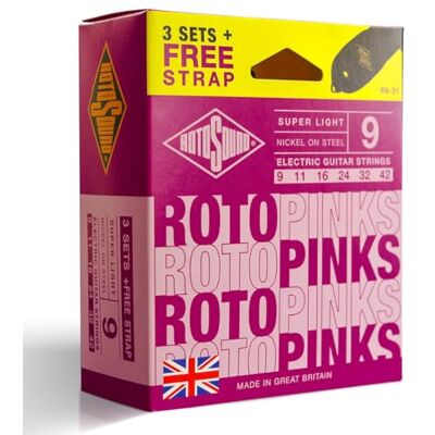 Rotosound Corde per Chitarra Elettrica Roto Nickel plated 3 Set + Cinghia PINKS -F Super-Light 9-42 Rotosound Corde per Chitarra Elettrica Roto Nickel plated 3 Set + Cinghia PINKS -F Super-Light 9-42