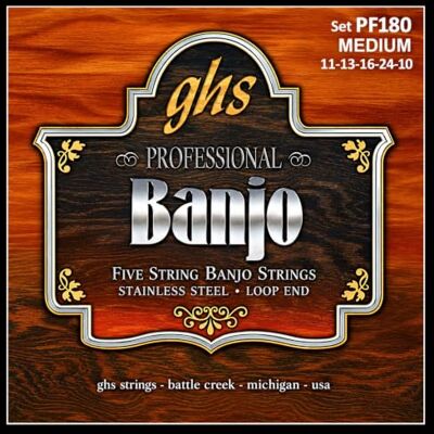 GHS Strings ™ Strings »STAINLESS STEEL PF180-5-STRING BANJO« Corde per Banjo Stainless Steel Loop End Medium: 11-13-16-24-10 GHS Strings ™ Strings »STAINLESS STEEL PF180-5-STRING BANJO« Corde per Banjo Stainless Steel Loop End Medium: 11-13-16-24-10