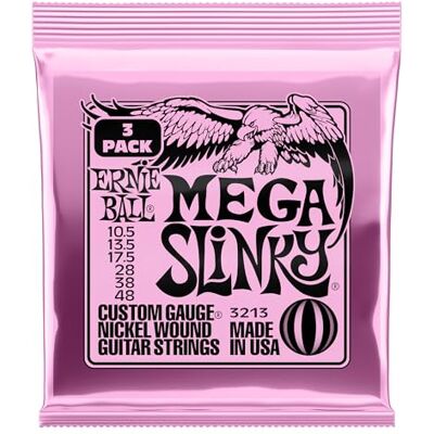 Ernie Ball , Mega Slinky Nickel Wound, Corde per chitarra elettrica, confezione da 3, diametro 10,5-48 Ernie Ball , Mega Slinky Nickel Wound, Corde per chitarra elettrica, confezione da 3, diametro 10,5-48