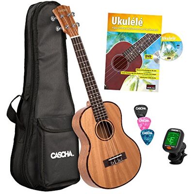 Cascha HH 2049 FR Ukulele Premium Tenore in Mogano con Manuale in Francese, Accordatore, Borsa Imbottita, 3 Plettri e Corde Aquila Cascha HH 2049 FR Ukulele Premium Tenore in Mogano con Manuale in Francese, Accordatore, Borsa Imbottita, 3 Plettri e Corde Aquila
