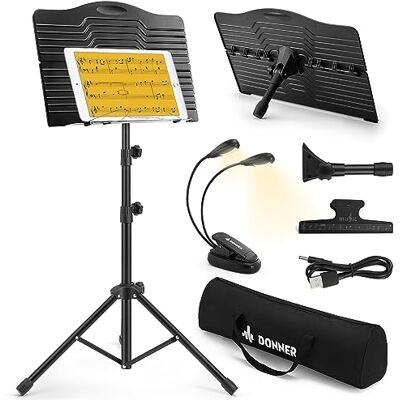 Donner Leggio pieghevole da viaggio in metallo regolabile con borsa per il trasporto, luce musicale ricaricabile rotante e supporto a clip, supporto portatile per proiettore, supporto per laptop Donner Leggio pieghevole da viaggio in metallo regolabile con borsa per il trasporto, luce musicale ricaricabile rotante e supporto a clip, supporto portatile per proiettore, supporto per laptop