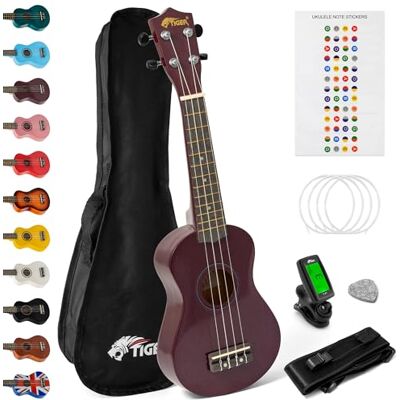 Tiger Pacchetto Ukulele per principianti, Ukulele soprano, accordatore, tracolla, adesivi, corde di ricambio e plettro in feltro Viola Tiger Pacchetto Ukulele per principianti, Ukulele soprano, accordatore, tracolla, adesivi, corde di ricambio e plettro in feltro Viola