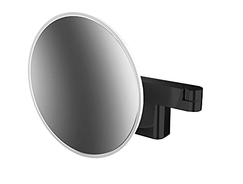 Emco Evo LED Specchio da barba e cosmetico con attacco diretto, specchio cosmetico rotondo con illuminazione per montaggio a parete, ingrandimento 5x, nero