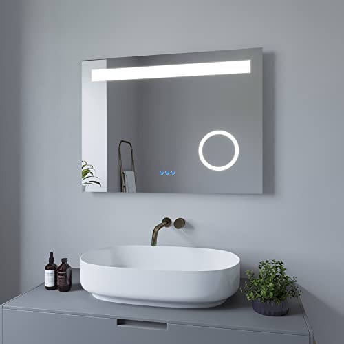 AQUABATOS Specchio da bagno con illuminazione, 80 x 60 cm, con illuminazione a LED, interruttore touch, dimmerabile, colore bianco freddo 6400 K, bianco caldo 3000 K, riscaldamento a specchio, IP44,