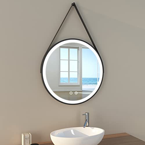 EMKE Specchio bagno con luce 60 cm diametro, specchio bagno LED rotondo con interruttore tattile + regolabile + 3 colori + funzione di memoria, cornice nera + tracolla regolabile specchio parete