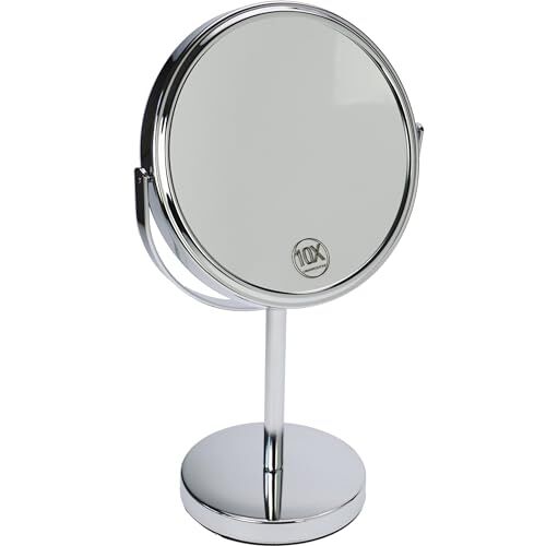 Fantasia Specchio da terra rotondo, con ingrandimento normale e 10x, diametro 18 cm, altezza 32 cm, in metallo e argento