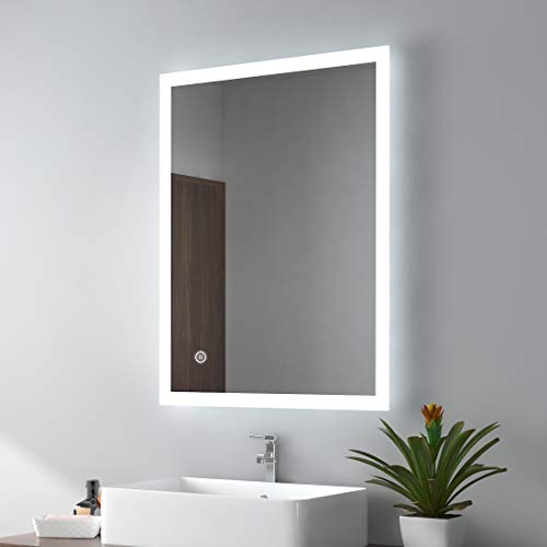 EMKE Specchio da bagno a LED con illuminazione, 80 x 60 cm, bianco freddo, specchio da parete con interruttore touch + antiappannamento, IP44, a risparmio energetico