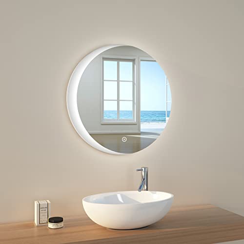 EMKE Specchio bagno con luce 60 cm diametro, specchio bagno LED rotondo con interruttore tattile + regolabile + 3 colori + funzione di memoria, specchio parete modello D