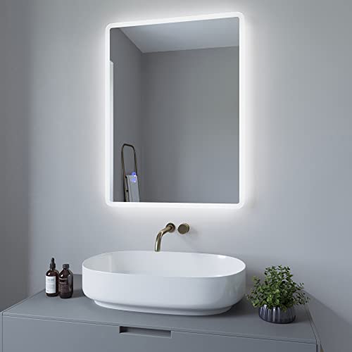 AQUABATOS Specchio da bagno 80 x 60 cm con illuminazione, specchio da parete a LED, interruttore touch, dimmerabile, bianco freddo 6400 K, riscaldamento a specchio, anti-appannamento, IP44, CE