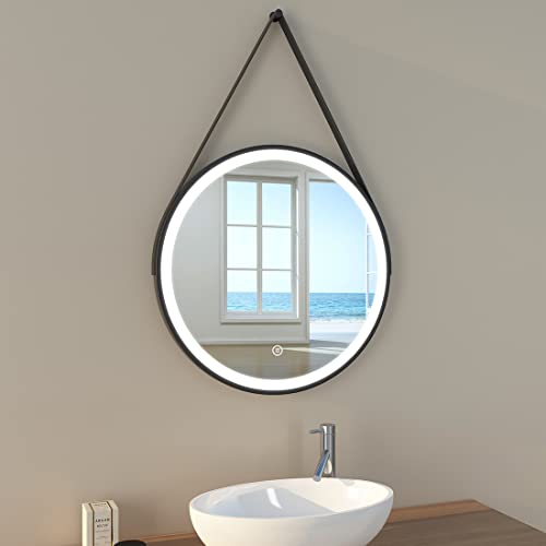 EMKE Specchio bagno con luce 60 cm diametro, specchio bagno LED rotondo con interruttore tattile + funzione di memoria, cornice nera + tracolla regolabile specchio parete modello C