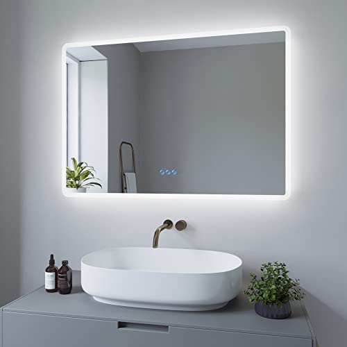 AQUABATOS Specchio da bagno con illuminazione, 100 x 70 cm, a risparmio energetico, interruttore touch, dimmerabile, bianco freddo 6400 K, bianco caldo 3000 K, riscaldamento a specchio, IP44, CE