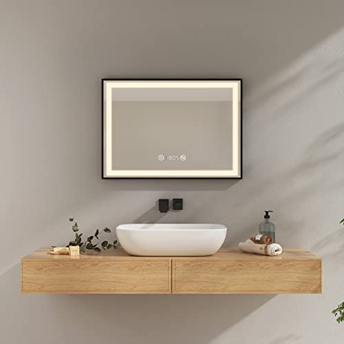 EMKE Specchio da Bagno con Illuminazione 70x50cm Specchio da Bagno Bordo Nero LED Specchio da Bagno con Touch Anti-appannamento, Orologio, Temperatura, Dimmerabile, Illuminazione Neutra