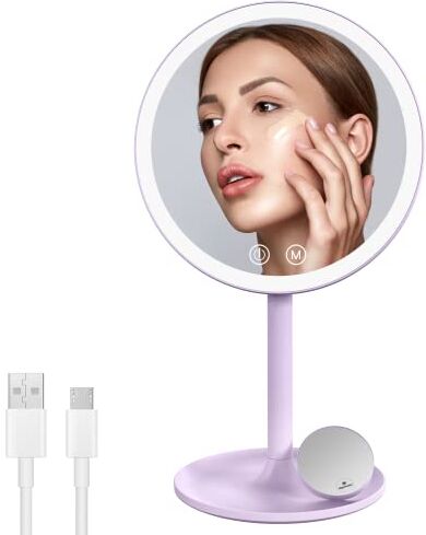 EMKE Specchio da trucco con illuminazione, specchio cosmetico a LED con 3 colori di luce, pratico specchio per trucco con ingrandimento 1/3x, luminosità regolabile e interruttore touch (viola)