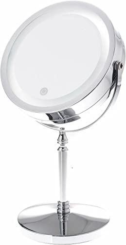 TUKA-i-AKUT Specchio cosmetico a LED dimmerabile, ingrandimento 7x, ingranditore touch, specchio da tavolo, specchio da bagno, vero metallo cromato,