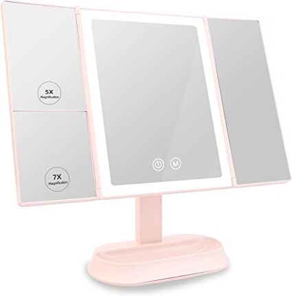 EMKE Specchio Trucco con Luci LED, Tri-Pli Specchio Trucco con Ingrandimento 1x/5x/7x, Specchio da Tavolo Portatile con Touch Screen, 3 Lighting Effects, Ricaricabile tramite USB, Rosa