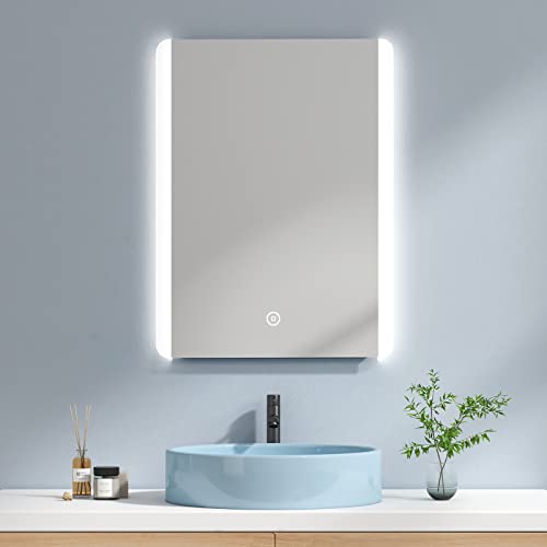 EMKE Specchio da bagno LED 60 x 80 cm, specchio con interruttore tattile + illuminazione LED + antiappannamento, luce bianca 6500 K