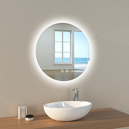 EMKE Specchio bagno con luce 60 cm diametro, specchio bagno LED rotondo con interruttore tattile + regolabile + 3 colori + funzione di memoria, specchio parete modello B