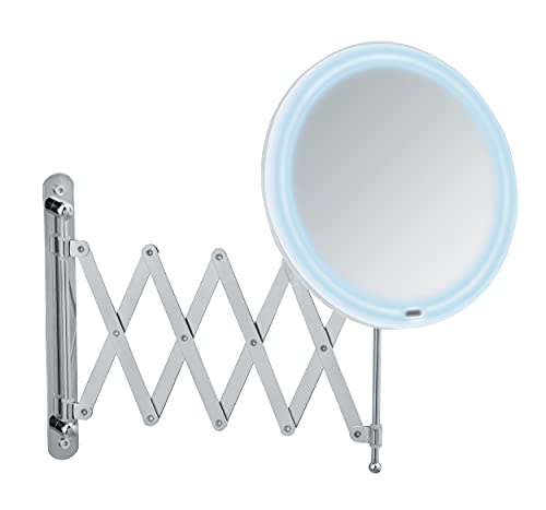 Wenko LED Specchio telescopico Barona Specchio per cosmesi, specchio con illuminazione, regolabile in altezza ed estensibile, 500 % ingrandimento, Metallo, 20 x 34 x 55 cm, Cromo