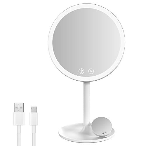 EMKE Specchio cosmetico con illuminazione, specchio da tavolo ricaricabile, ingrandimento 1/3x, interruttore touch e funzione memoria, spegnimento automatico (bianco)