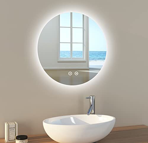 EMKE Specchio bagno con luce 50 cm diametro, specchio bagno LED rotondo con interruttore tattile + regolabile + 3 colori + funzione di memoria, specchio parete modello B