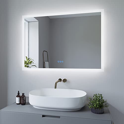 AQUABATOS Specchio da bagno con illuminazione, 100 x 70 cm, a risparmio energetico, interruttore touch, dimmerabile, bianco freddo 6400 K, bianco caldo 3000 K, riscaldamento a specchio, IP44, CE