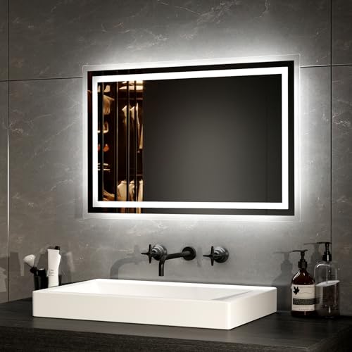 EMKE Specchio da bagno con illuminazione, 40 x 60 cm, LED da bagno, antiappannamento, bianco freddo, bianco caldo, specchio da bagno con interruttore a pulsante, telaio in alluminio di alta qualità,