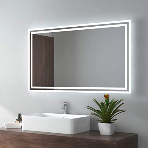 EMKE Specchio da bagno con illuminazione, 100 x 60 cm, specchio da bagno con interruttore a levetta + antiappannamento+2 colori della luce: bianco caldo/bianco freddo, orizzontale/verticale, a