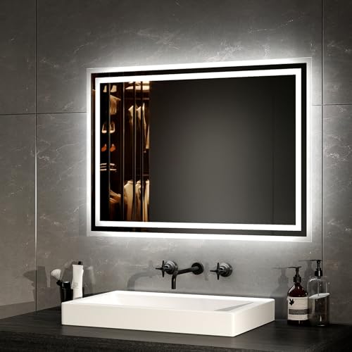 EMKE Specchio da bagno a LED, 70 x 50 cm, con illuminazione, luce bianca calda e luce bianca fredda, con interruttore separato, protezione IP44, a risparmio energetico