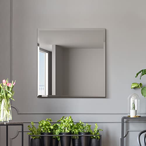 MirrorOutlet The Moderni – Grande specchio da parete quadrato con bordi smussati, 60 x 60 cm, argento su supporto nero