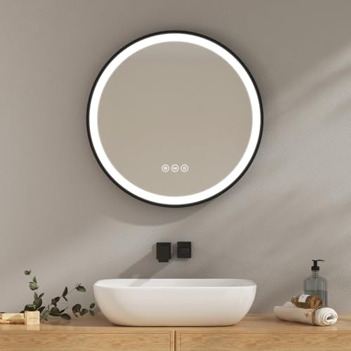 EMKE Specchio da bagno con illuminazione, 60 cm, rotondo, con 3 colori di luce, dimmerabile, anti-appannamento, funzione di memoria, touch, spegnimento automatico, 3 ore, a risparmio energetico