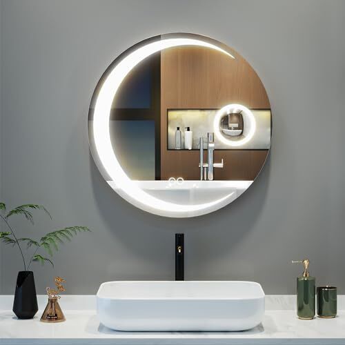 YITAHOME Specchio da bagno rotondo da 600 mm con luci a quarto di luna, specchio cosmetico montato a parete con cuscinetto anti-appannamento, dimmerabile, interruttore touch, 3 colori, IP56