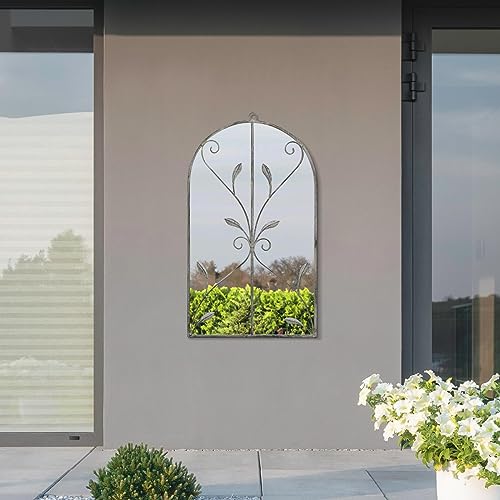 MirrorOutlet The Arcus – Specchio da parete moderno con cornice color cemento, da giardino, 80 x 46 cm, con retro nero per tutte le condizioni atmosferiche.