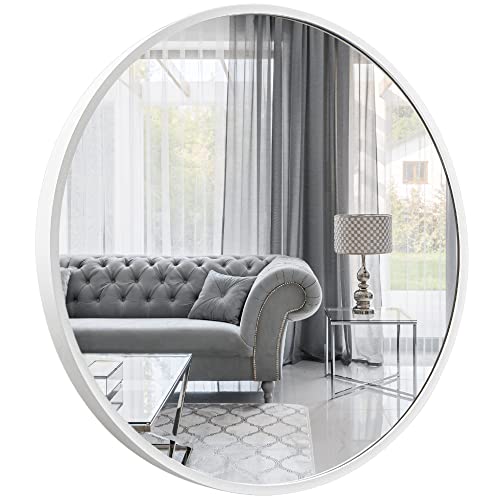 Unique Specchio da parete, rotondo, con cornice in alluminio   Bianco ⌀100 cm Specchio rivestita in teflon e resistente all'umidità   Profondità di 2 cm