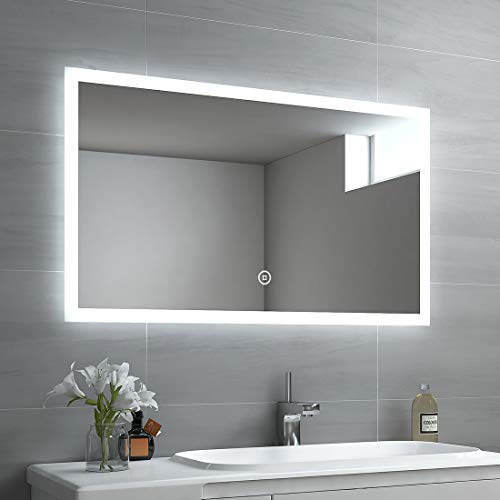 EMKE Specchio da bagno a LED, 100 x 60 cm, con illuminazione, bianco freddo, specchio da parete con interruttore touch, IP44, a risparmio energetico