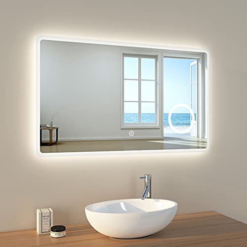 EMKE Specchio da bagno a LED, 100 x 60 cm, con illuminazione, 3 colori di luce 3000-6400 K, bianco freddo, luce bianca calda, specchio da bagno con interruttore touch, IP44, a risparmio energetico