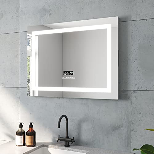 AQUABATOS Brussels, specchio da bagno con illuminazione, 80 x 60 cm, orologio Bluetooth, interruttore touch, dimmerabile, bianco freddo, bianco neutro, bianco caldo, regolabile, anti-appannamento