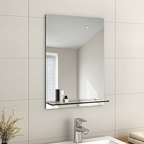 EMKE Specchio senza cornice con mensola, piccolo specchio da parete per bagno con contenitore, specchio rettangolare da trucco 50 x 70 cm