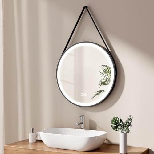 EMKE Specchio da bagno rotondo nero, 60 cm, con interruttore touch + 3 colori della luce 3H, spegnimento automatico per risparmiare energia