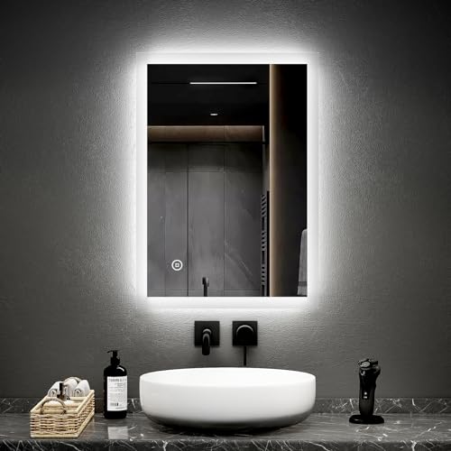 EMKE Specchio da bagno a LED, 50 x 70 cm, con illuminazione, 6500 K, bianco freddo, specchio da parete con interruttore touch + antiappannamento, IP44, risparmio energetico A++